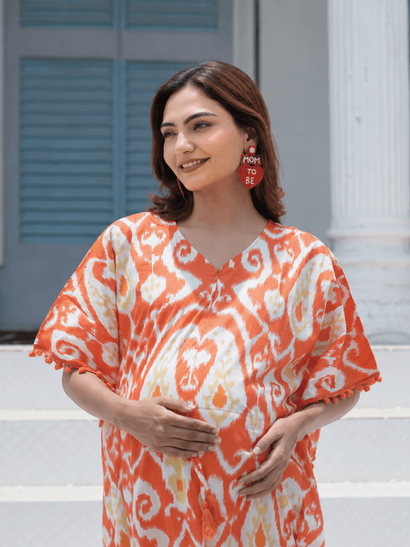 Orange Ikat Print Maternity & Feeding Kaftan Dress