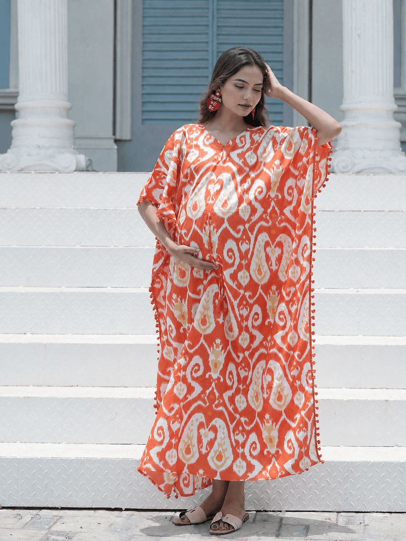 Orange Ikat Print Maternity & Feeding Kaftan Dress