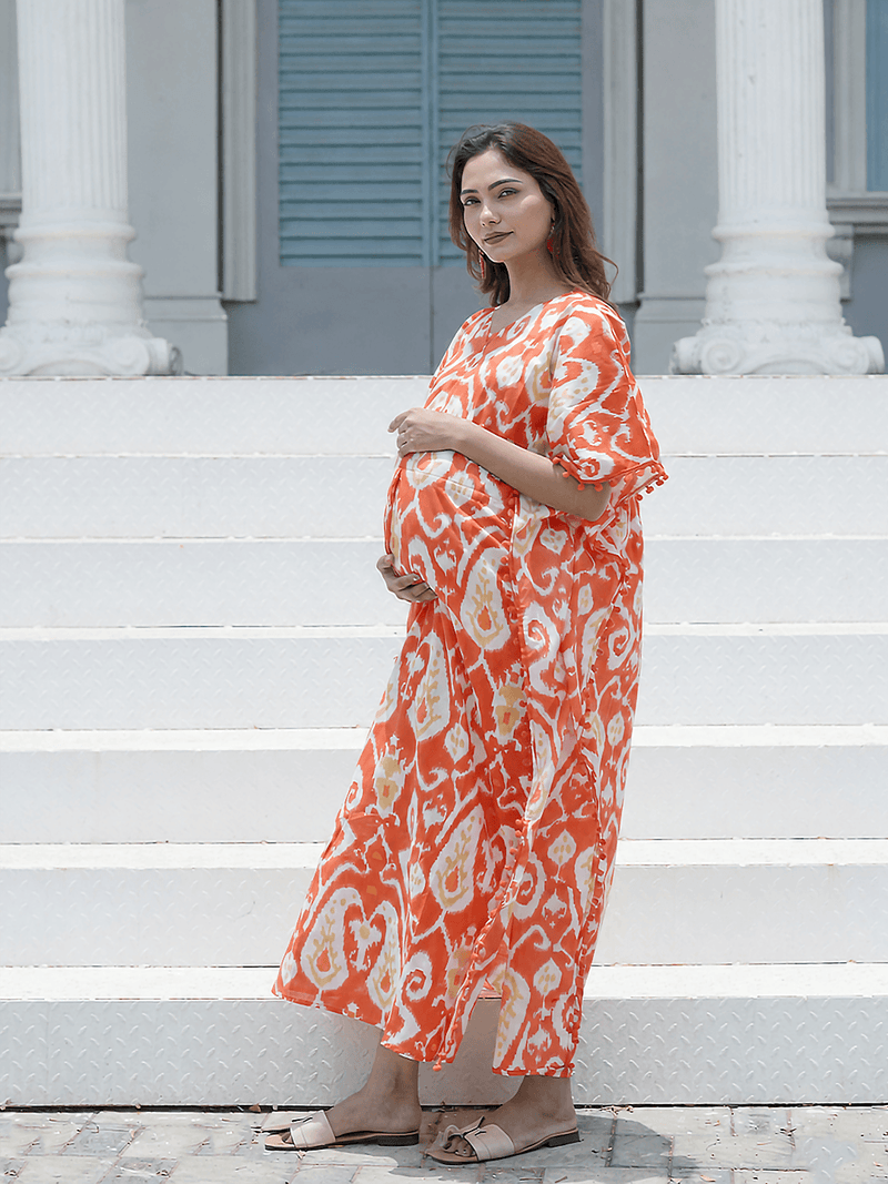 Orange Ikat Print Maternity & Feeding Kaftan Dress