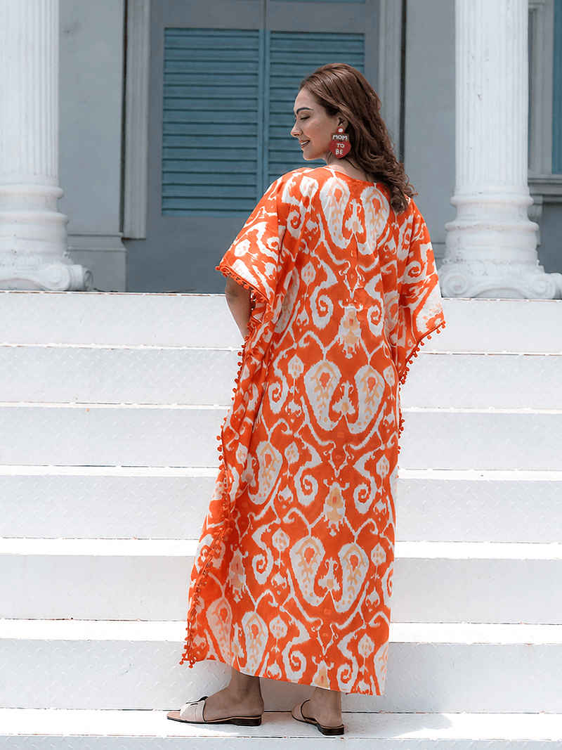 Orange Ikat Print Maternity & Feeding Kaftan Dress