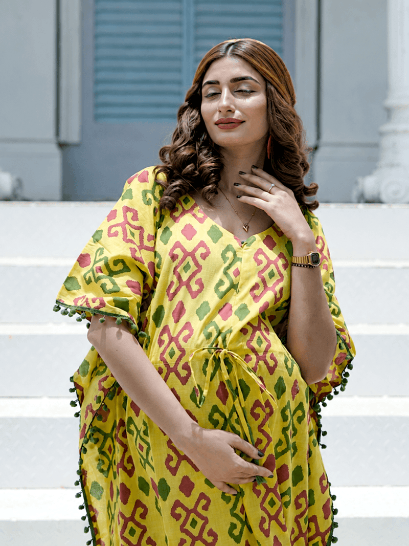 Yellow Multi Ikat Print Maternity & Feeding Kaftan Dress