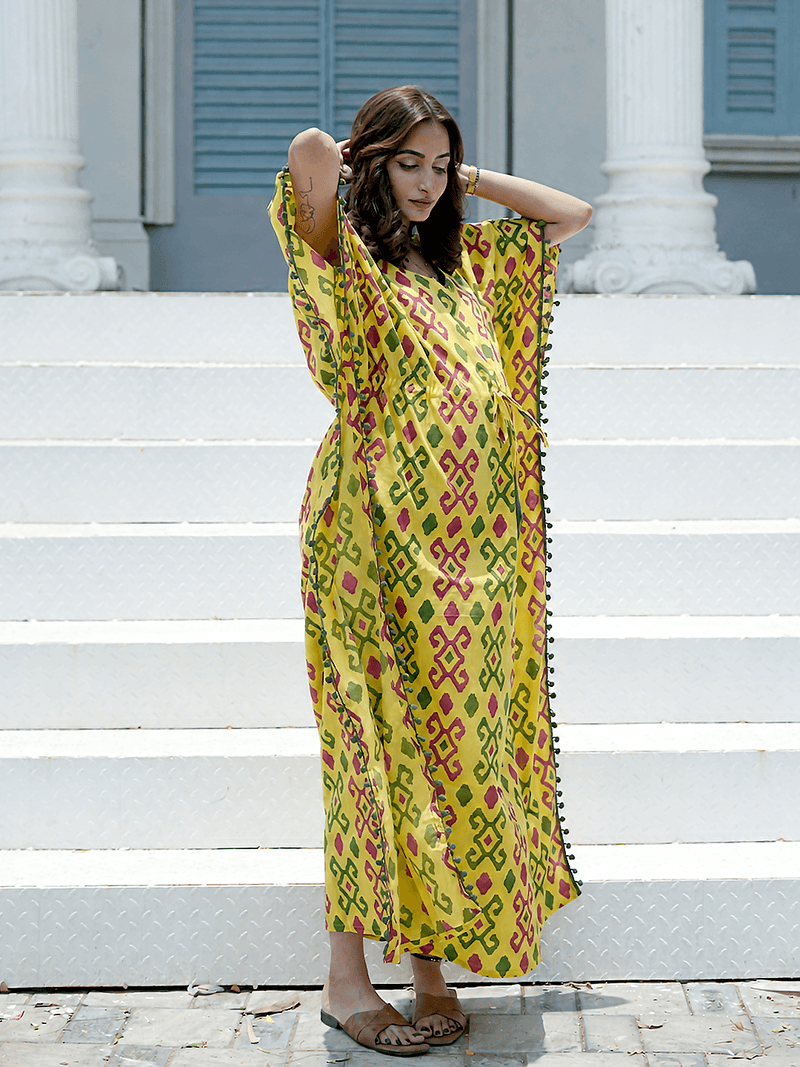 Yellow Multi Ikat Print Maternity & Feeding Kaftan Dress