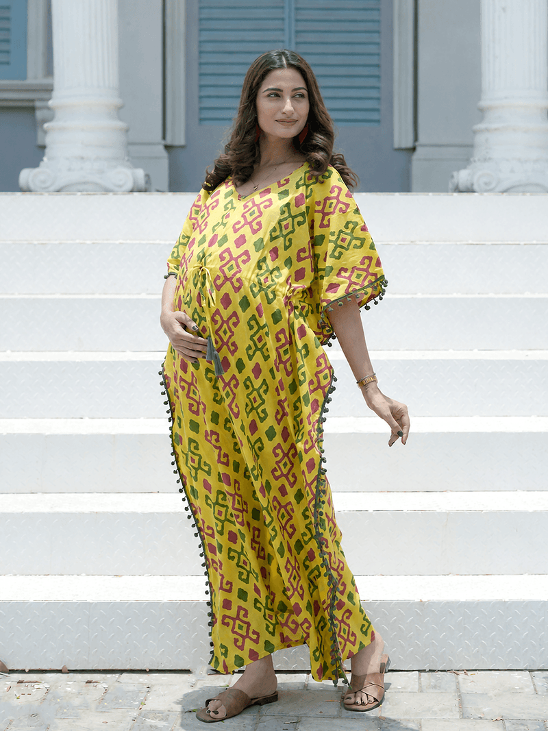 Yellow Multi Ikat Print Maternity & Feeding Kaftan Dress