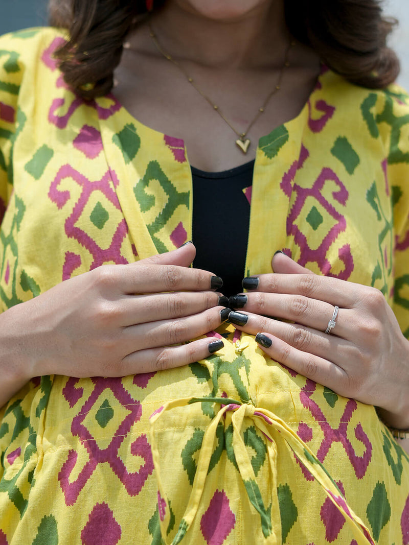 Yellow Multi Ikat Print Maternity & Feeding Kaftan Dress