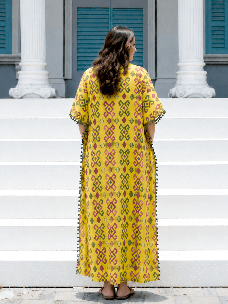 Yellow Multi Ikat Print Maternity & Feeding Kaftan Dress