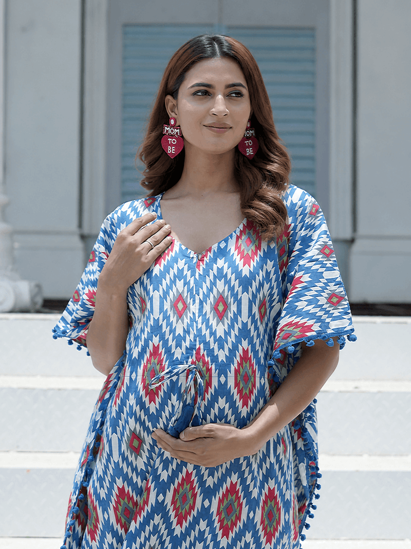 Indigo Red Ikat Print Maternity & Feeding Kaftan Dress