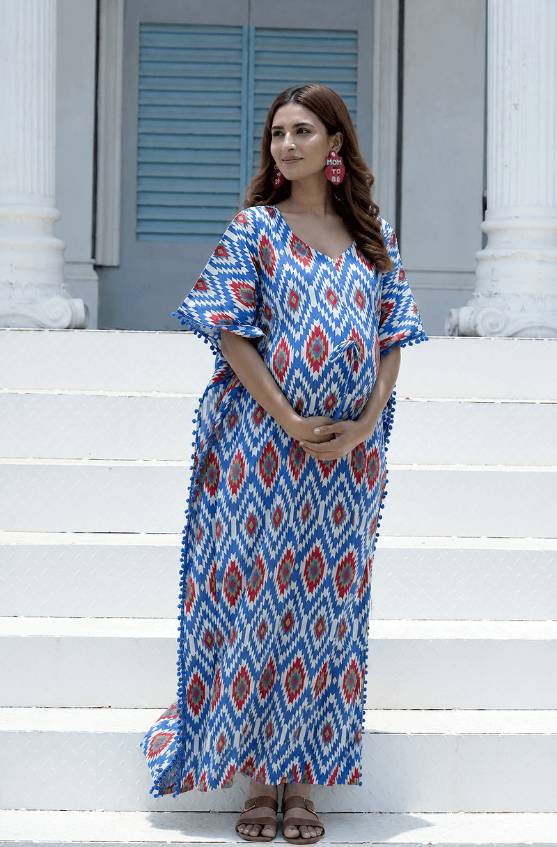 Indigo Red Ikat Print Maternity & Feeding Kaftan Dress