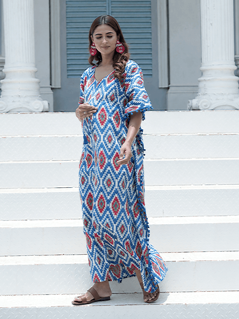 Indigo Red Ikat Print Maternity & Feeding Kaftan Dress