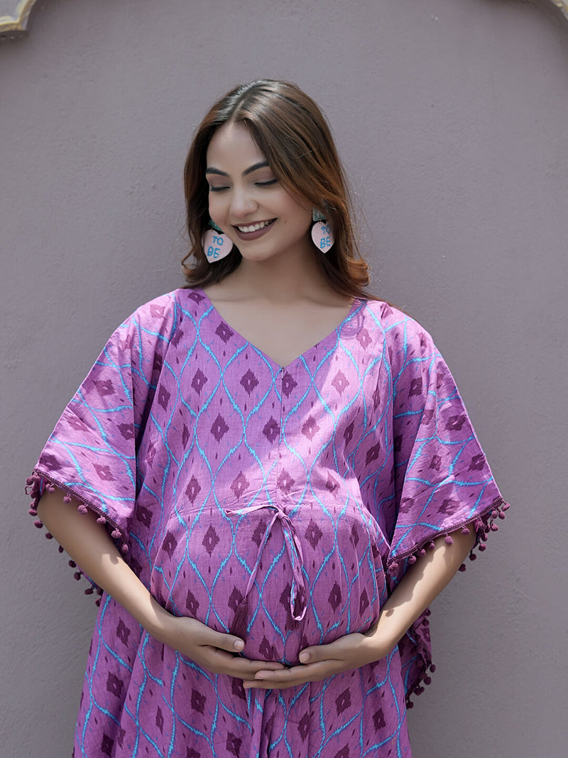 Mauve Ikat Print Maternity & Feeding Kaftan Dress