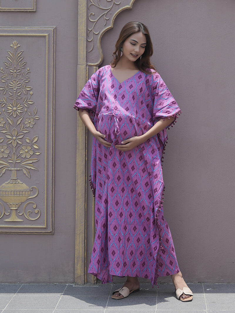 Mauve Ikat Print Maternity & Feeding Kaftan Dress