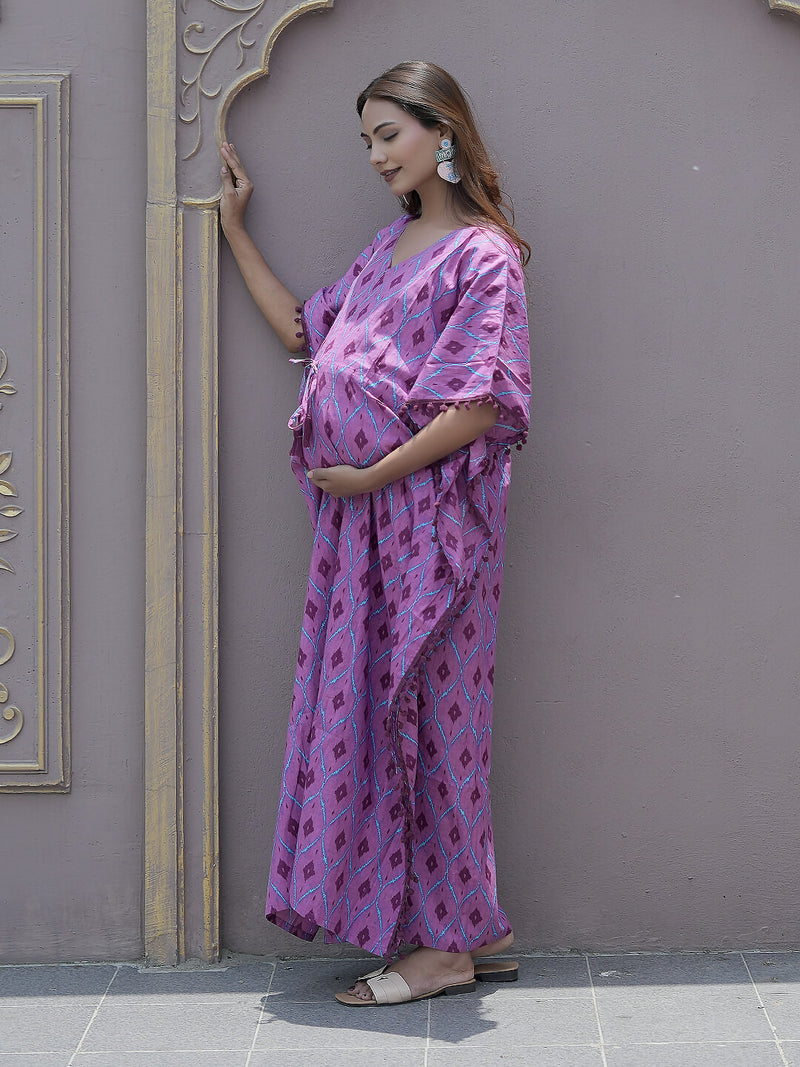 Mauve Ikat Print Maternity & Feeding Kaftan Dress