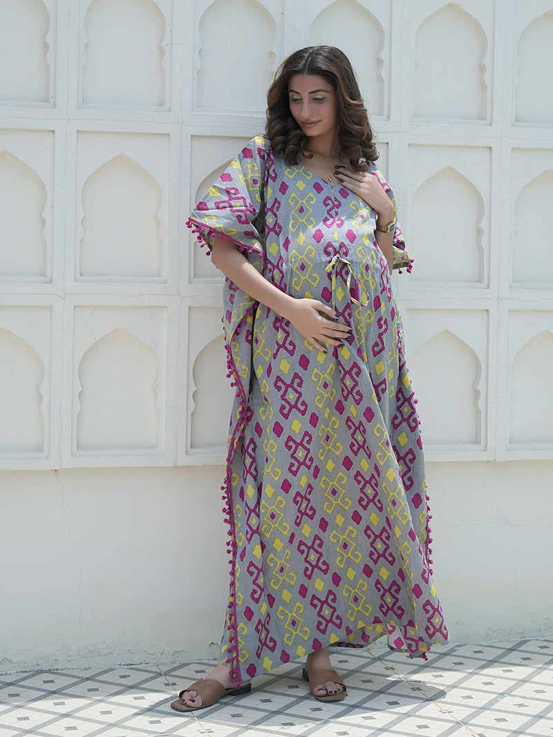 Grey Multi Ikat Print Maternity & Feeding Kaftan Dress