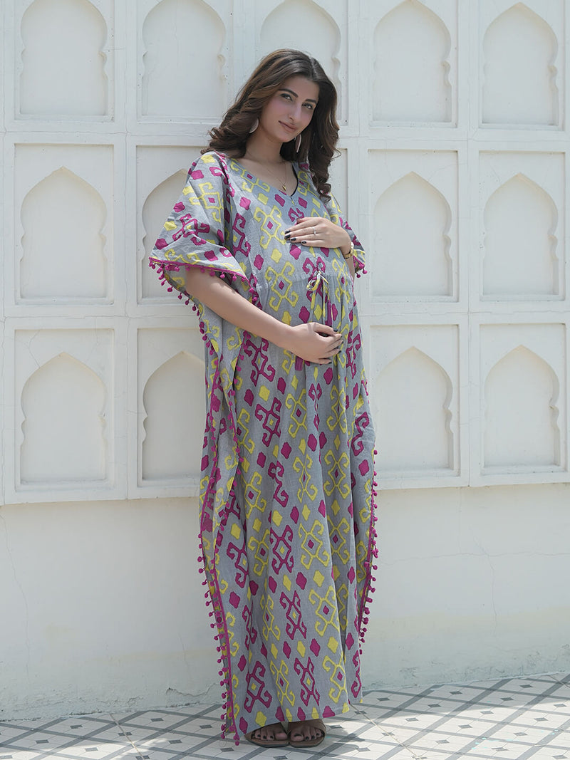 Grey Multi Ikat Print Maternity & Feeding Kaftan Dress