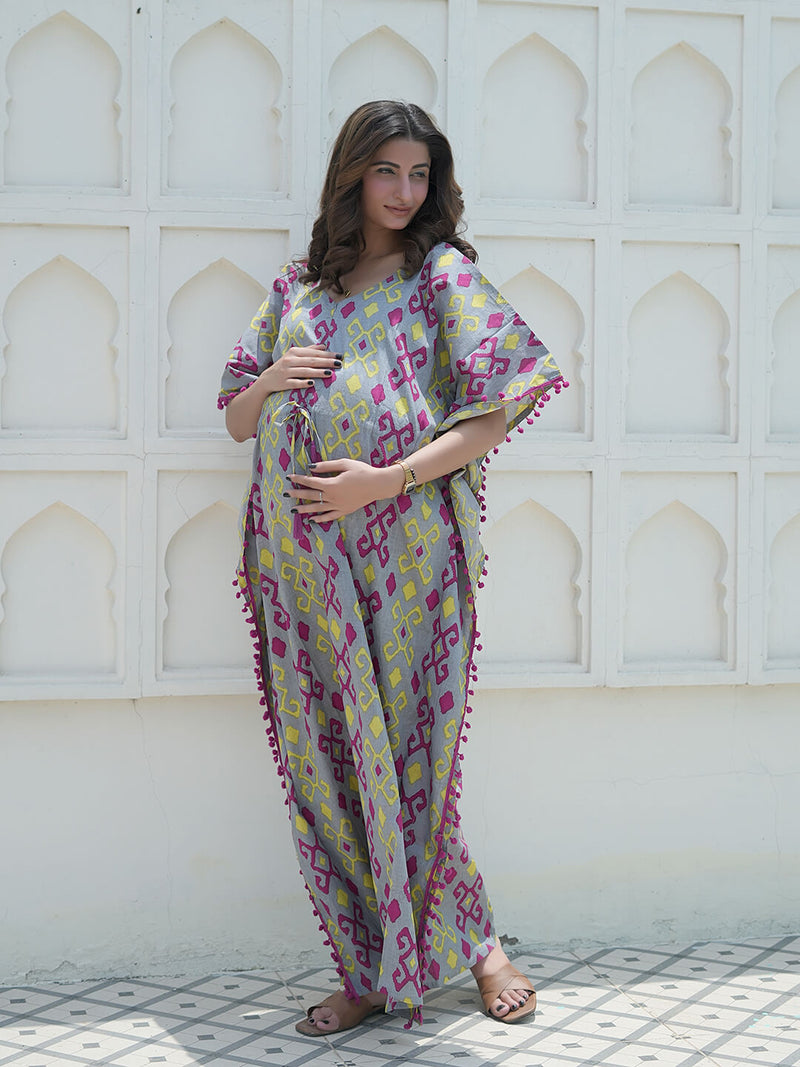 Grey Multi Ikat Print Maternity & Feeding Kaftan Dress
