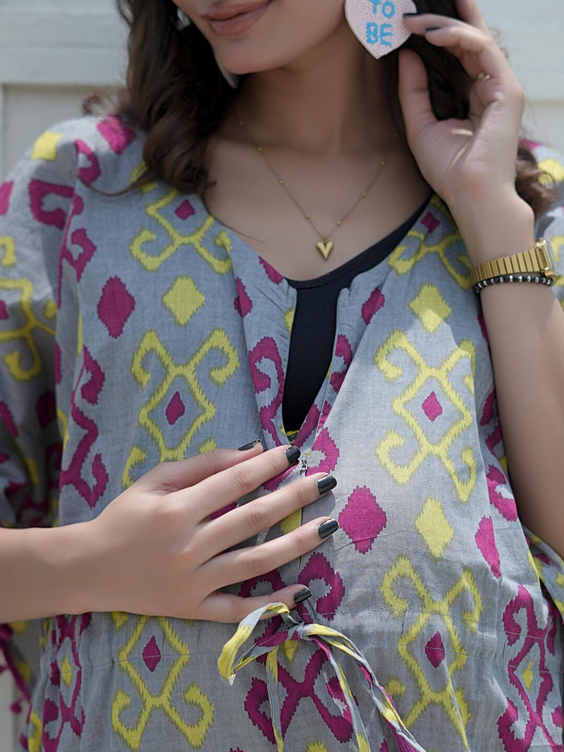 Grey Multi Ikat Print Maternity & Feeding Kaftan Dress