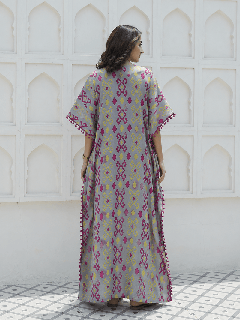 Grey Multi Ikat Print Maternity & Feeding Kaftan Dress