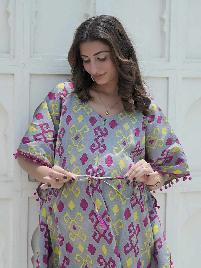 Grey Multi Ikat Print Maternity & Feeding Kaftan Dress