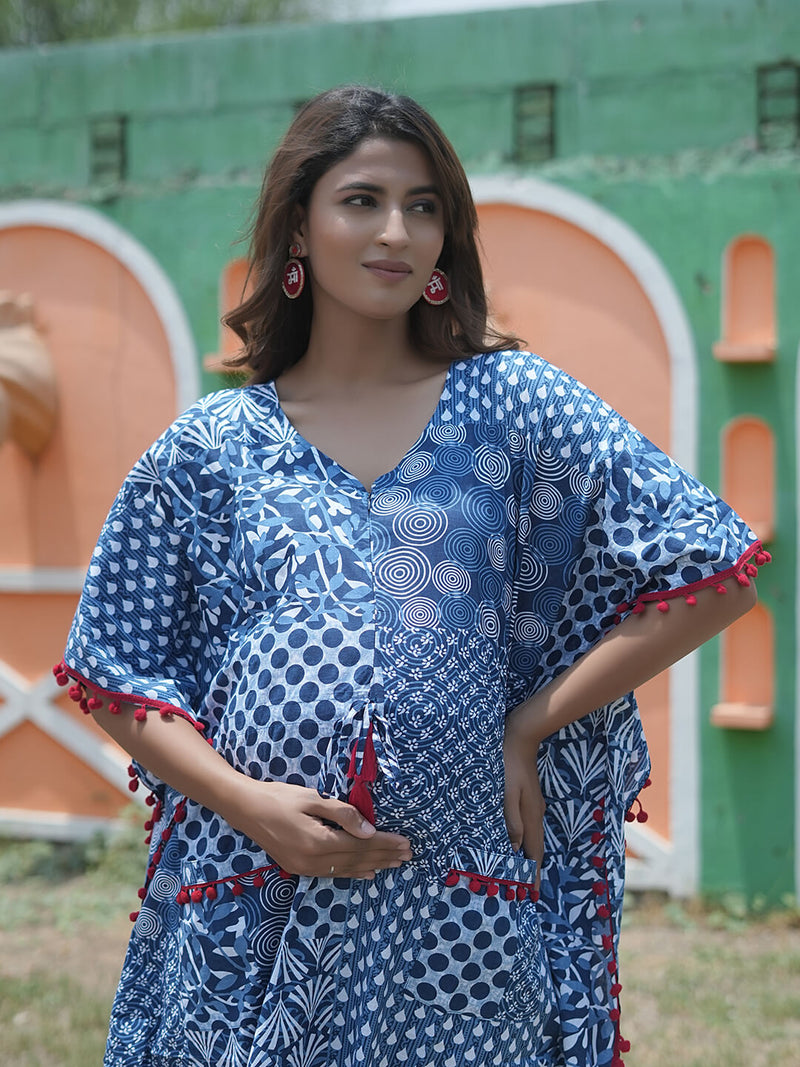 Indigo Ethnic Print Maternity & Feeding Kaftan Dress