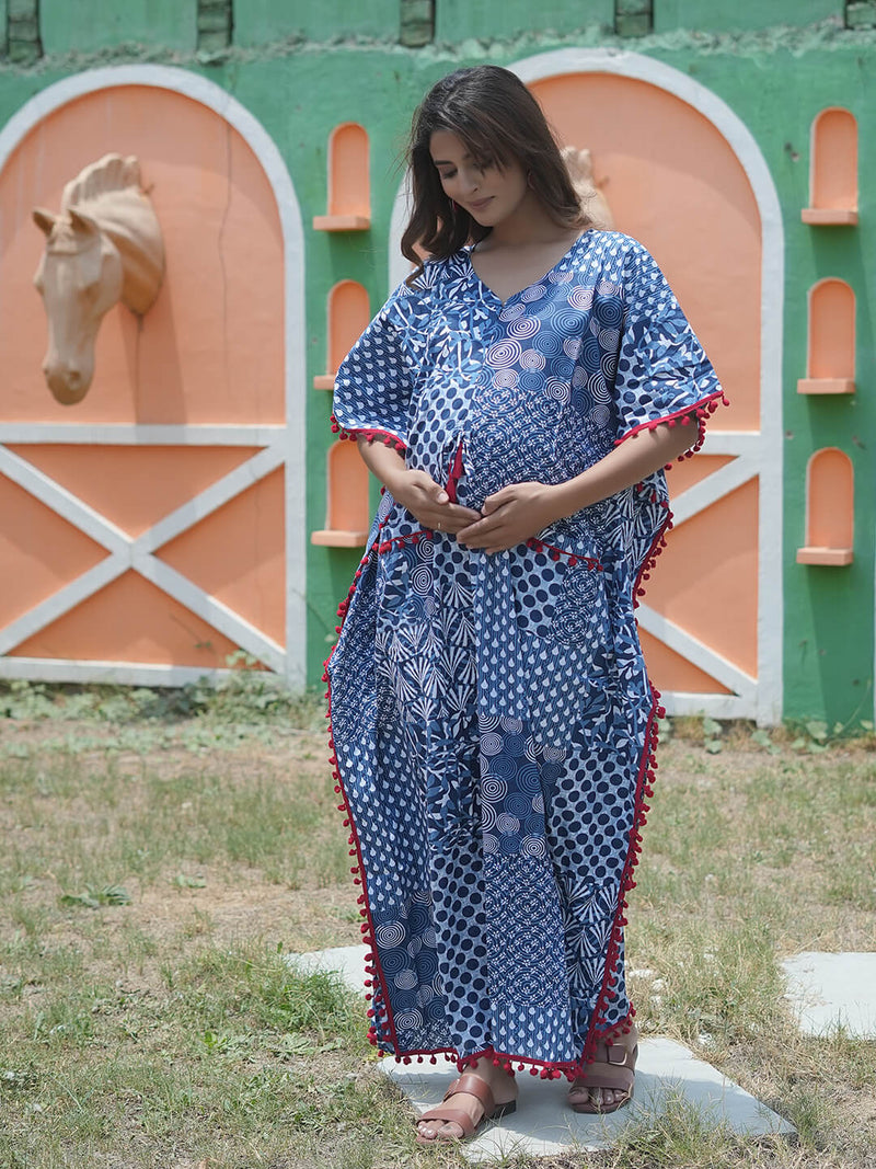 Indigo Ethnic Print Maternity & Feeding Kaftan Dress