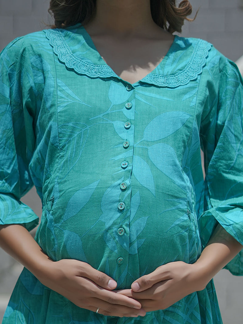 Sea Green Tropical Printed Maternity & Feeding Friendly Cotton Co-ord Set