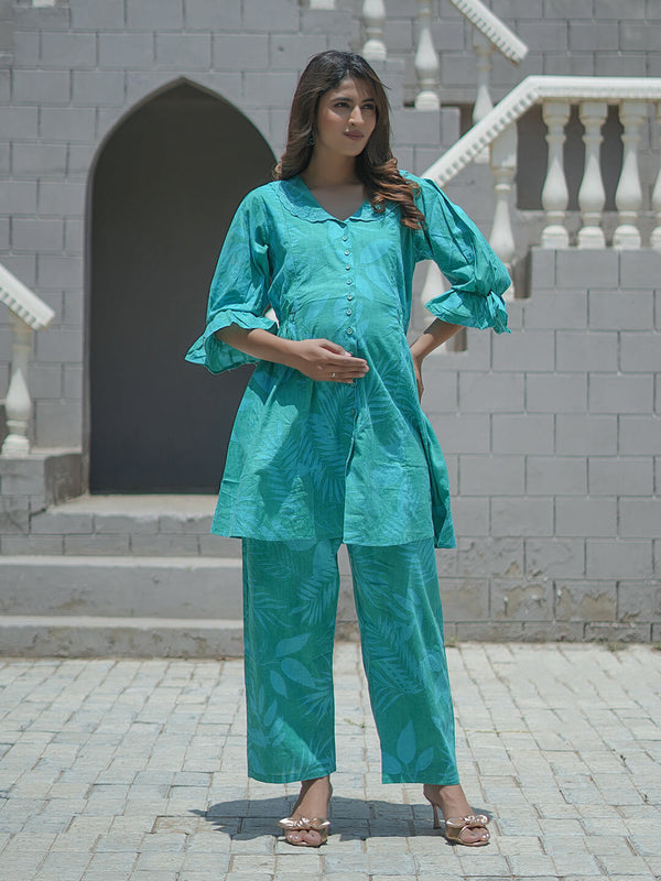 Sea Green Tropical Printed Maternity & Feeding Friendly Cotton Co-ord Set