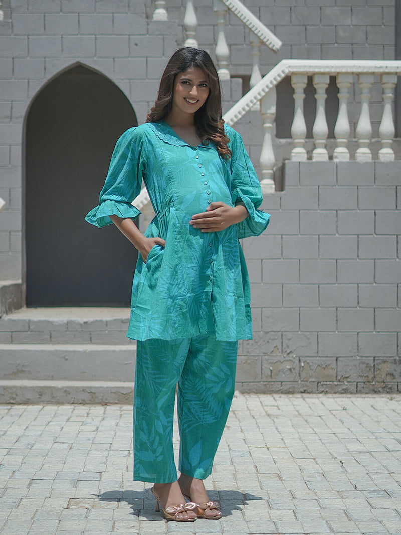 Sea Green Tropical Printed Maternity & Feeding Friendly Cotton Co-ord Set