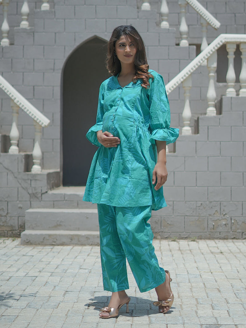 Sea Green Tropical Printed Maternity & Feeding Friendly Cotton Co-ord Set