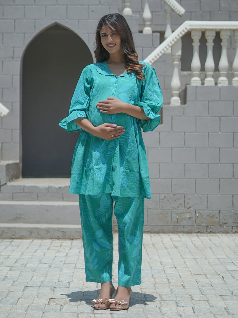 Sea Green Tropical Printed Maternity & Feeding Friendly Cotton Co-ord Set
