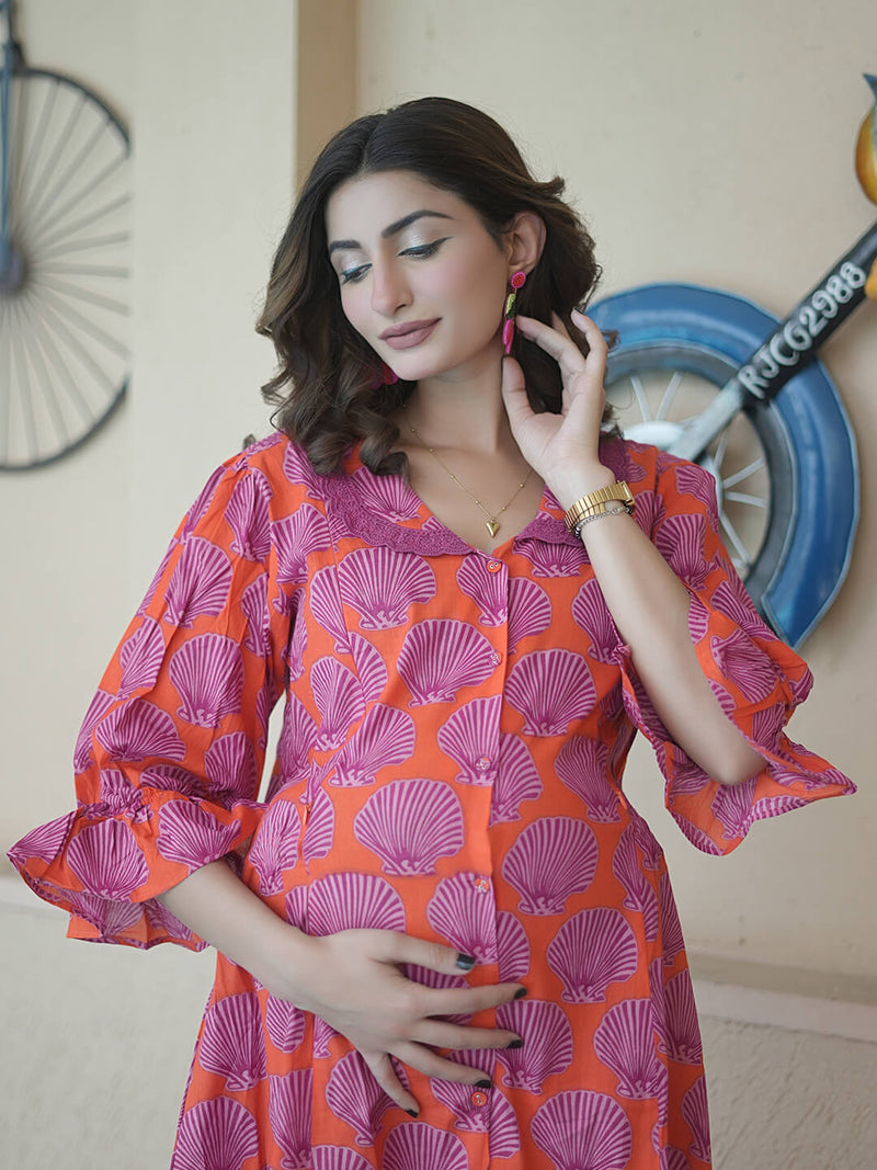 Orange Purple Tropical Printed Maternity & Feeding Friendly Cotton Co-ord Set