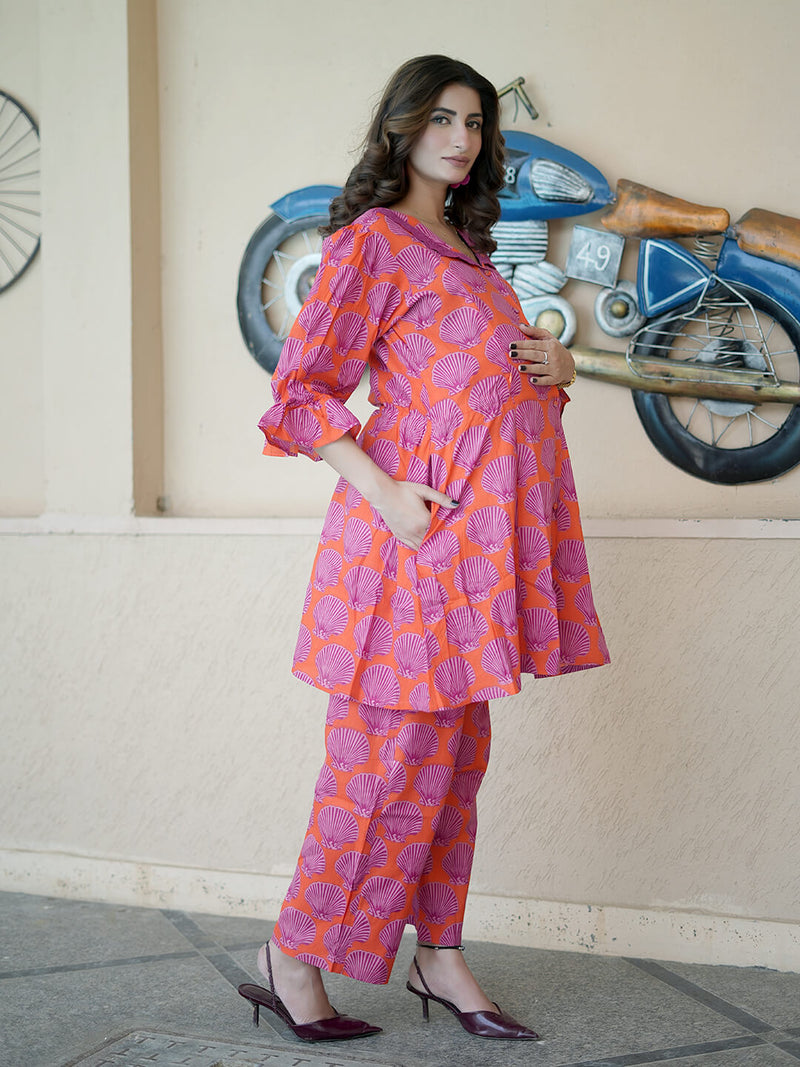 Orange Purple Tropical Printed Maternity & Feeding Friendly Cotton Co-ord Set