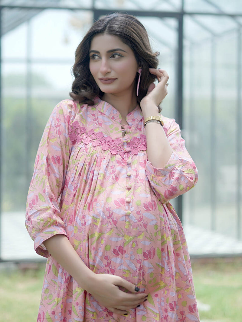 Peach Floral Printed Maternity & Feeding Friendly Cotton Co-ord Set
