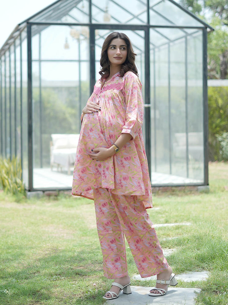 Peach Floral Printed Maternity & Feeding Friendly Cotton Co-ord Set