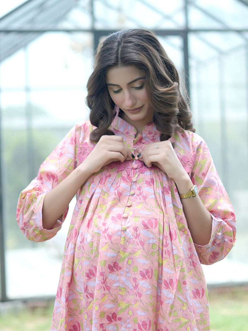 Peach Floral Printed Maternity & Feeding Friendly Cotton Co-ord Set