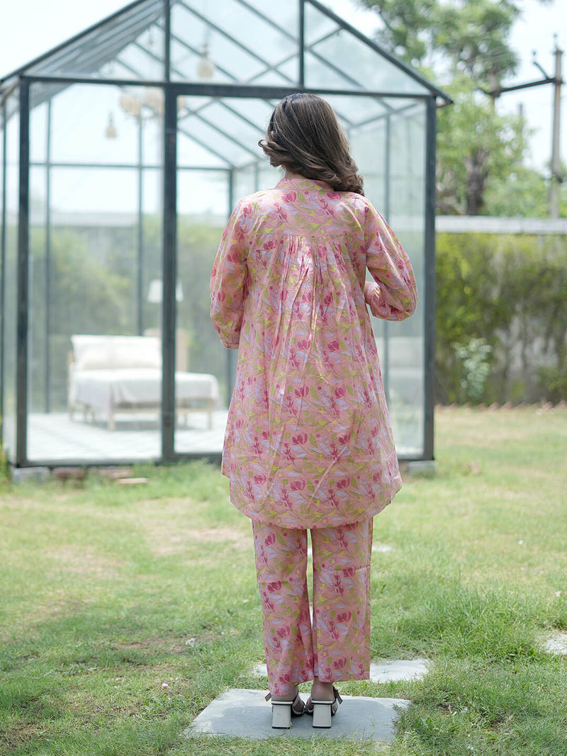 Peach Floral Printed Maternity & Feeding Friendly Cotton Co-ord Set