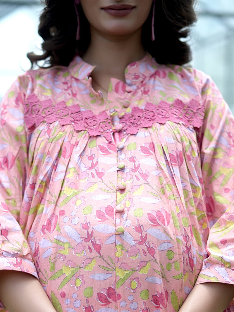 Peach Floral Printed Maternity & Feeding Friendly Cotton Co-ord Set