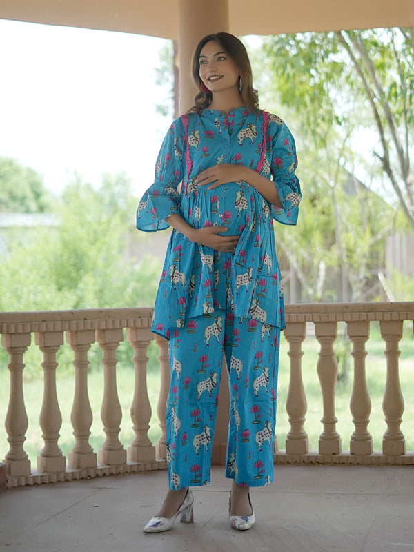 Turquoise Blue Ethnic Printed Maternity & Feeding Friendly Cotton Co-ord Set