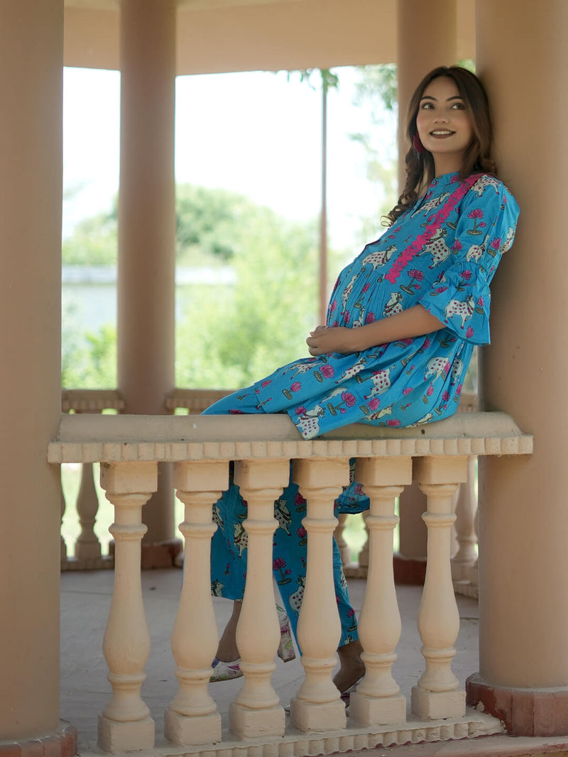 Turquoise Blue Ethnic Printed Maternity & Feeding Friendly Cotton Co-ord Set