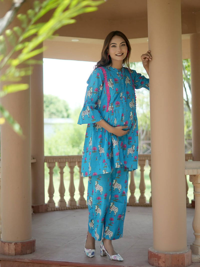 Turquoise Blue Ethnic Printed Maternity & Feeding Friendly Cotton Co-ord Set