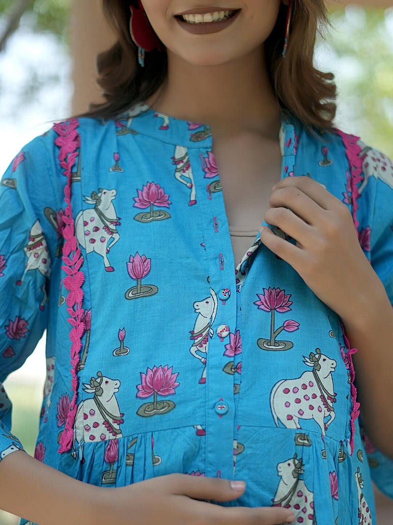 Turquoise Blue Ethnic Printed Maternity & Feeding Friendly Cotton Co-ord Set