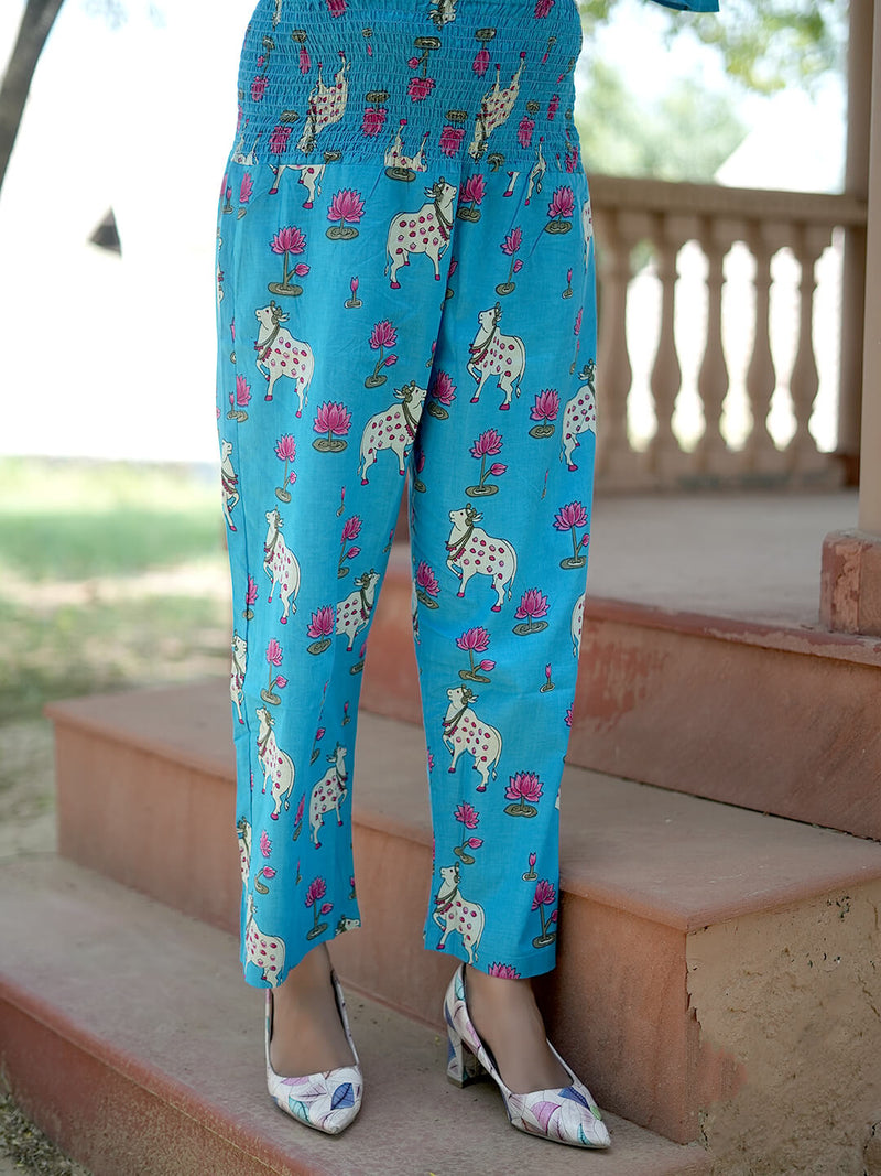 Turquoise Blue Ethnic Printed Maternity & Feeding Friendly Cotton Co-ord Set