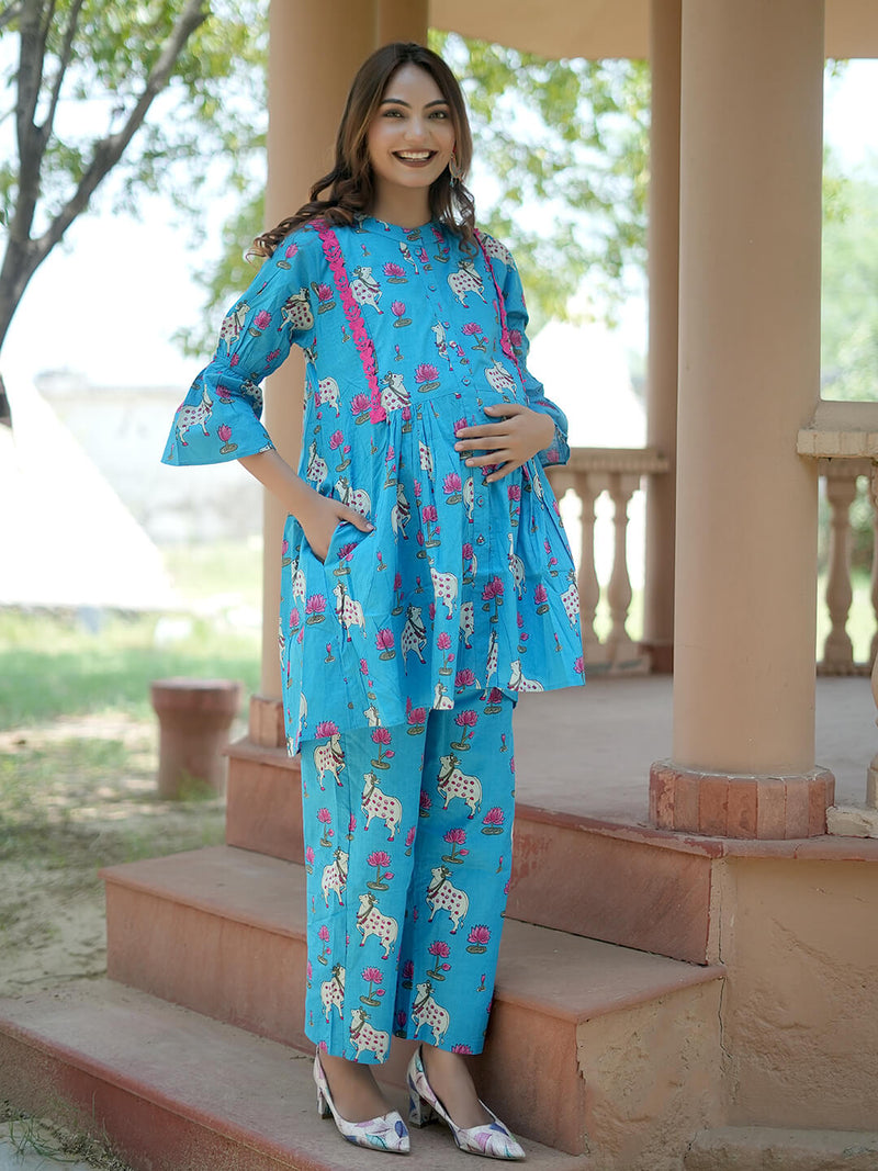 Turquoise Blue Ethnic Printed Maternity & Feeding Friendly Cotton Co-ord Set