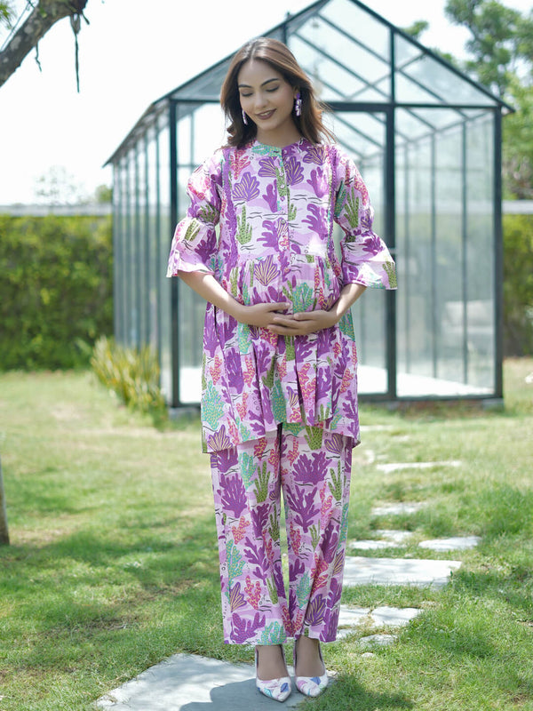 Lavender Purple Tropical Printed Maternity & Feeding Friendly Cotton Co-ord Set