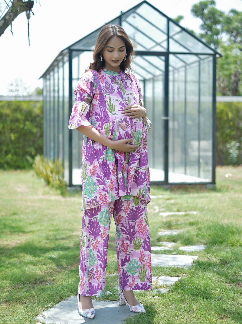 Lavender Purple Tropical Printed Maternity & Feeding Friendly Cotton Co-ord Set