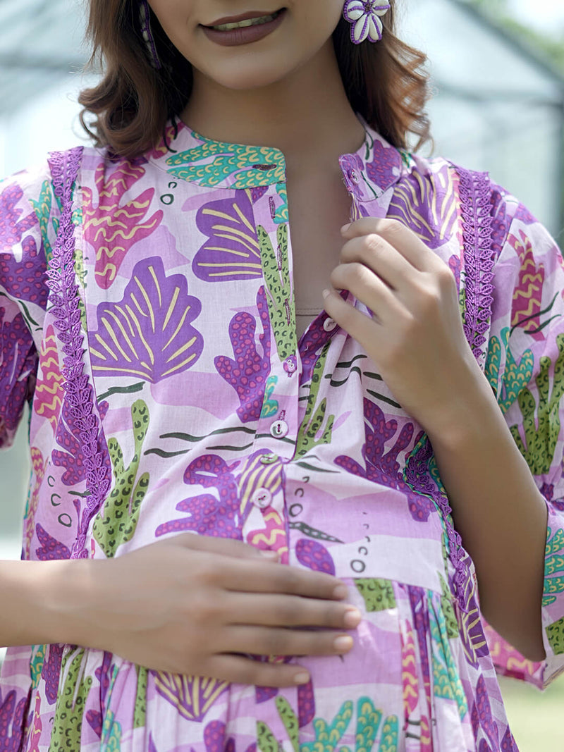 Lavender Purple Tropical Printed Maternity & Feeding Friendly Cotton Co-ord Set