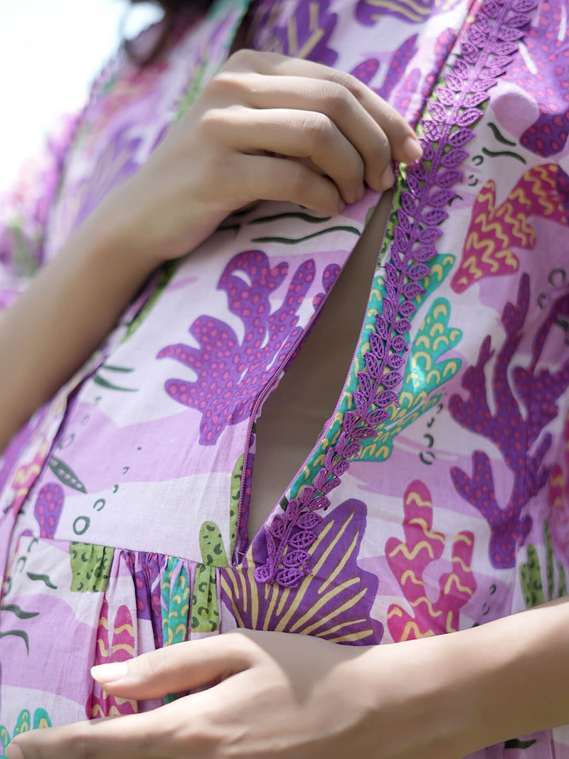 Lavender Purple Tropical Printed Maternity & Feeding Friendly Cotton Co-ord Set