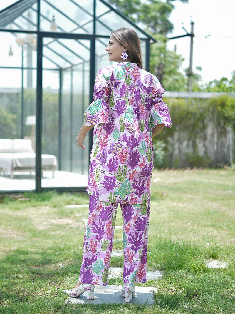 Lavender Purple Tropical Printed Maternity & Feeding Friendly Cotton Co-ord Set