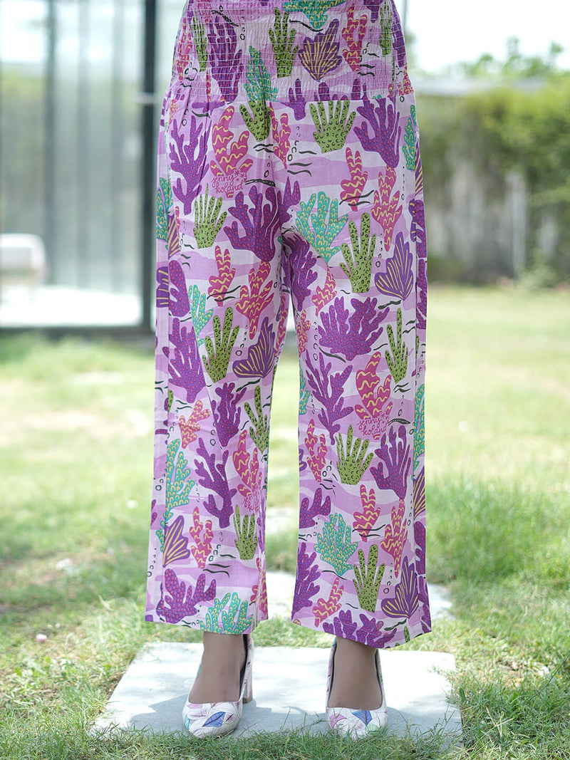Lavender Purple Tropical Printed Maternity & Feeding Friendly Cotton Co-ord Set