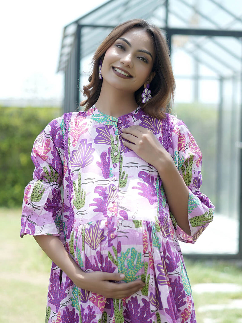 Lavender Purple Tropical Printed Maternity & Feeding Friendly Cotton Co-ord Set