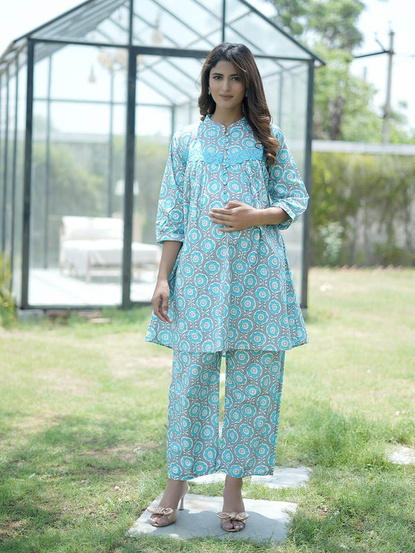 Grey Blue Floral Printed Maternity & Feeding Friendly Cotton Co-ord Set