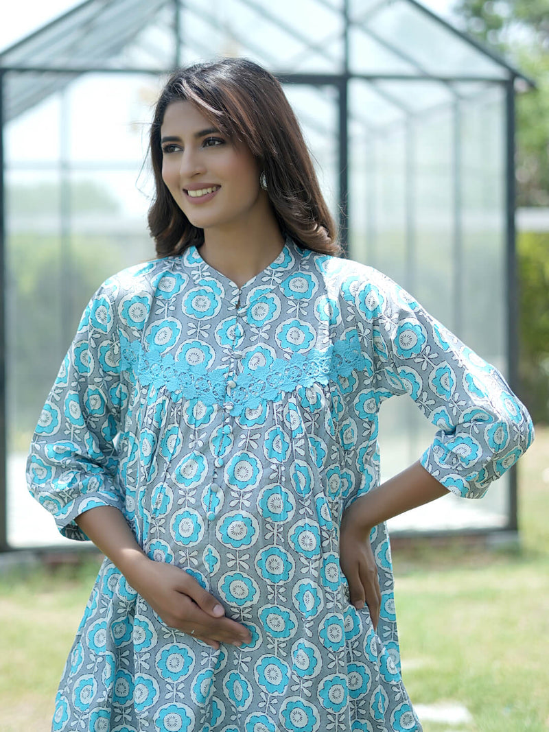 Grey Blue Floral Printed Maternity & Feeding Friendly Cotton Co-ord Set